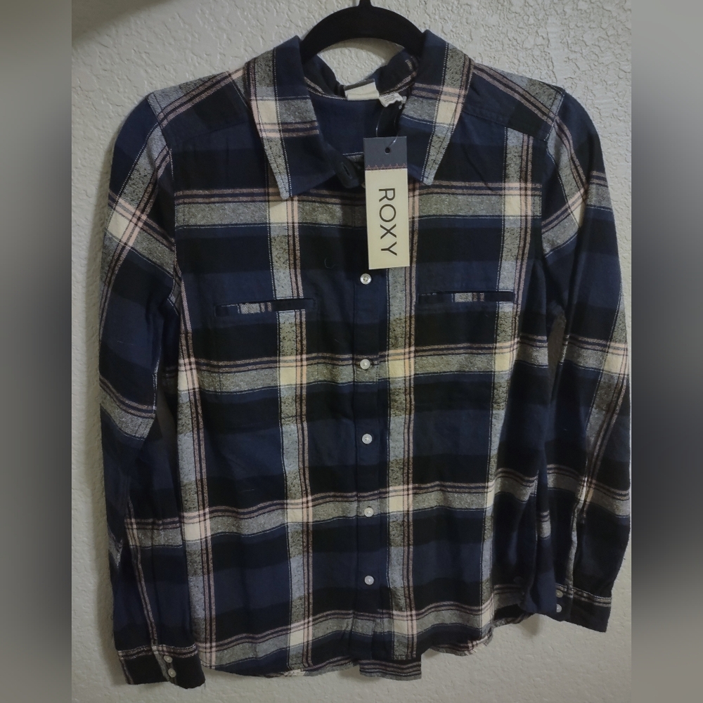Roxy Men's Blue and Cream Plaid Shirt